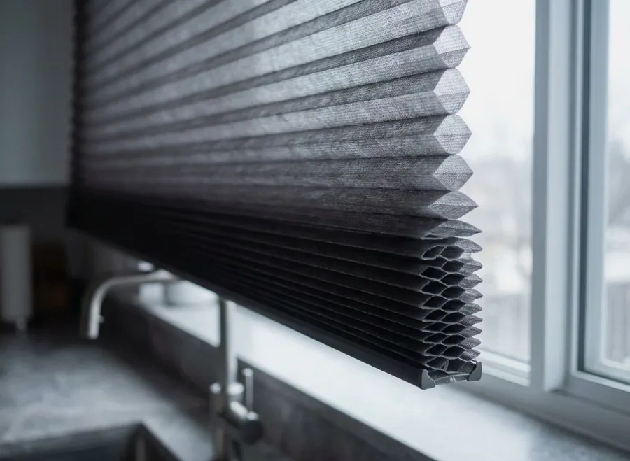 Cellular honeycomb blind up close, showing the insulating air cells