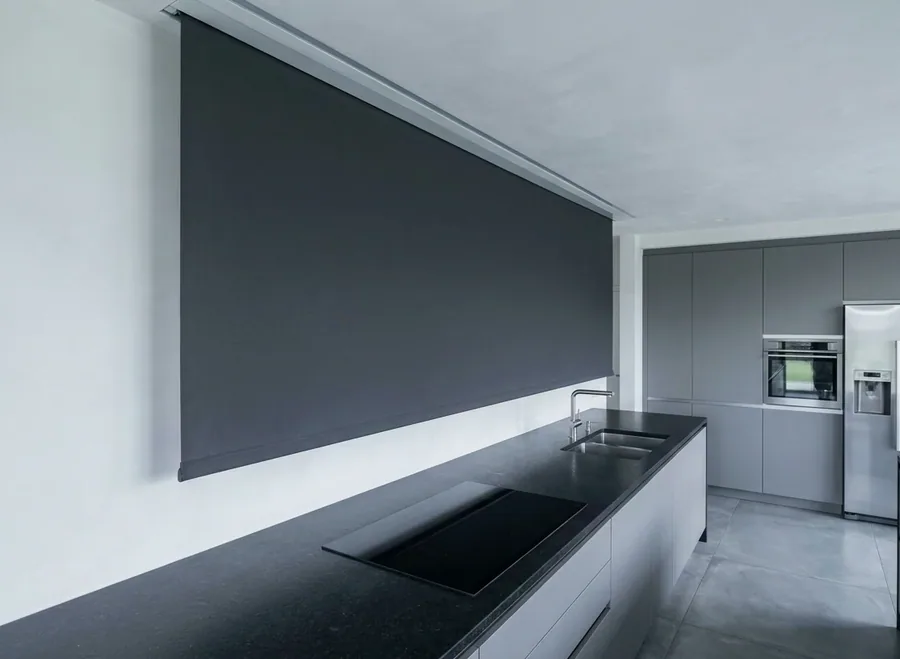 Concealed blind dropping flush from a recessed ceiling slot, hardware hidden