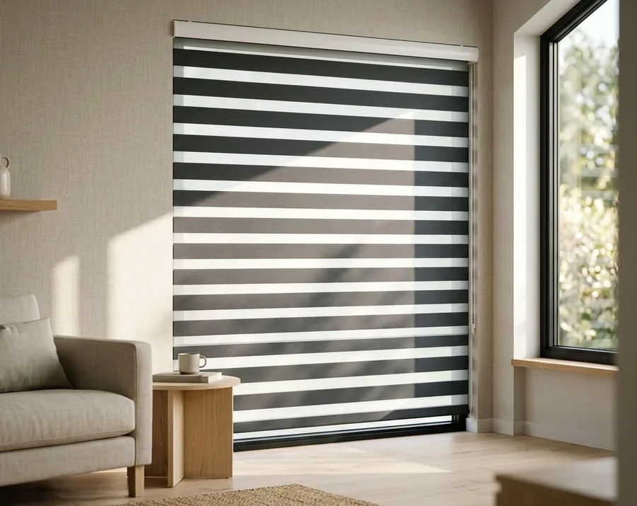 Day/night zebra blind with alternating sheer and solid bands on a living room window