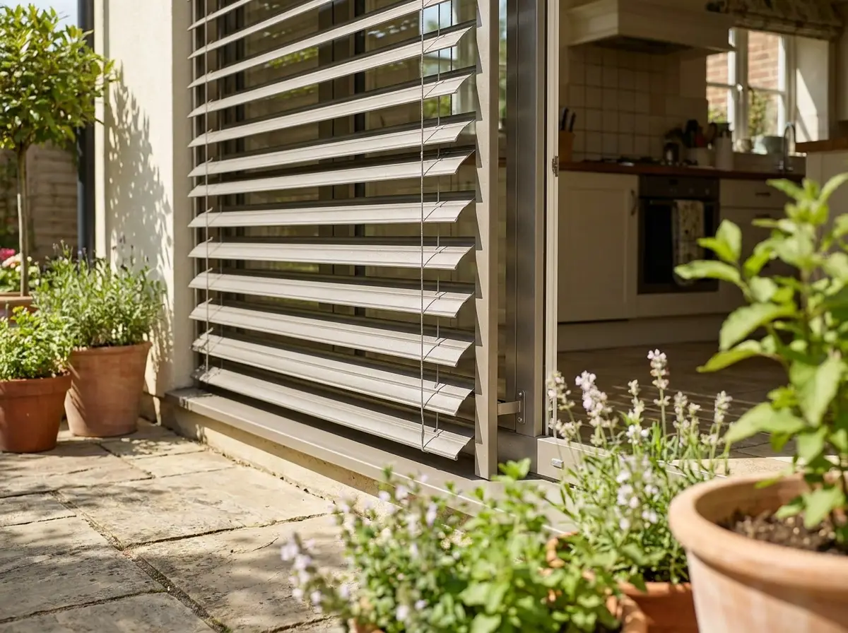 Aluminium external venetian blind slats mounted outside a kitchen window, seen from the patio