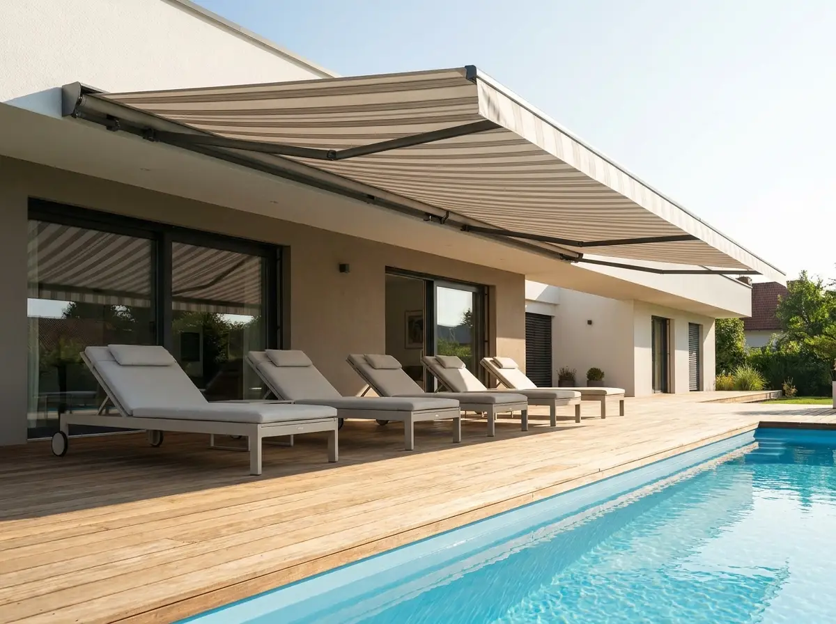 Folding-arm awning extended over a poolside deck with lounge chairs, no posts