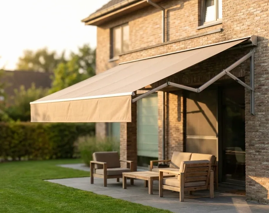 Folding-arm awning fully extended over a brick patio with outdoor seating — fabric canopy, no posts