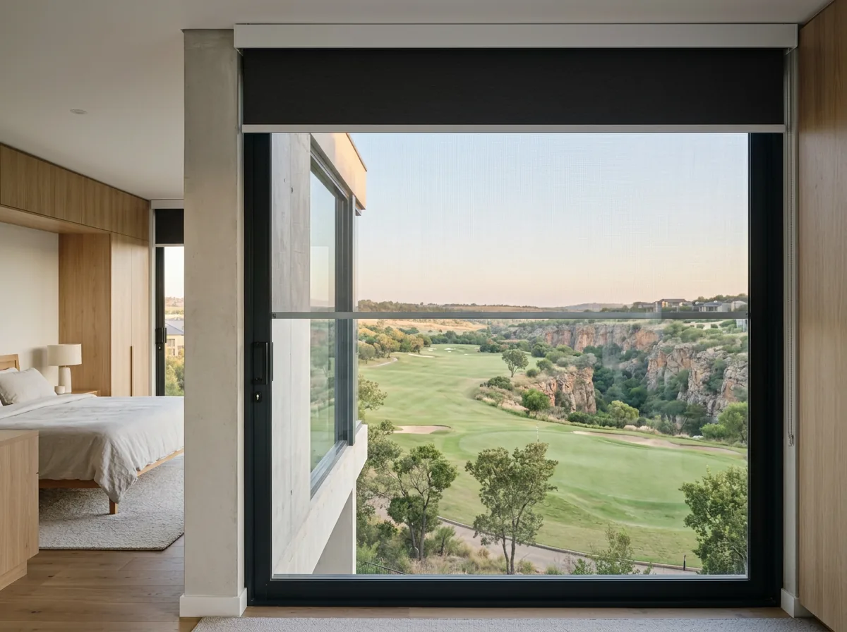 Bedroom window in an Eagle Canyon home with a sunscreen roller blind lowered flat with no folds, the golf fairway and quarry canyon visible through the sheer fabric in early morning light