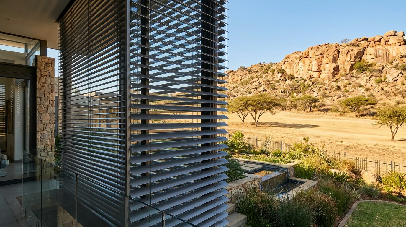 External venetian blind mounted outside the glass on the west wall of a contemporary Eagle Canyon home, aluminium slats part-lowered with a water feature and quarried canyon rock face beyond