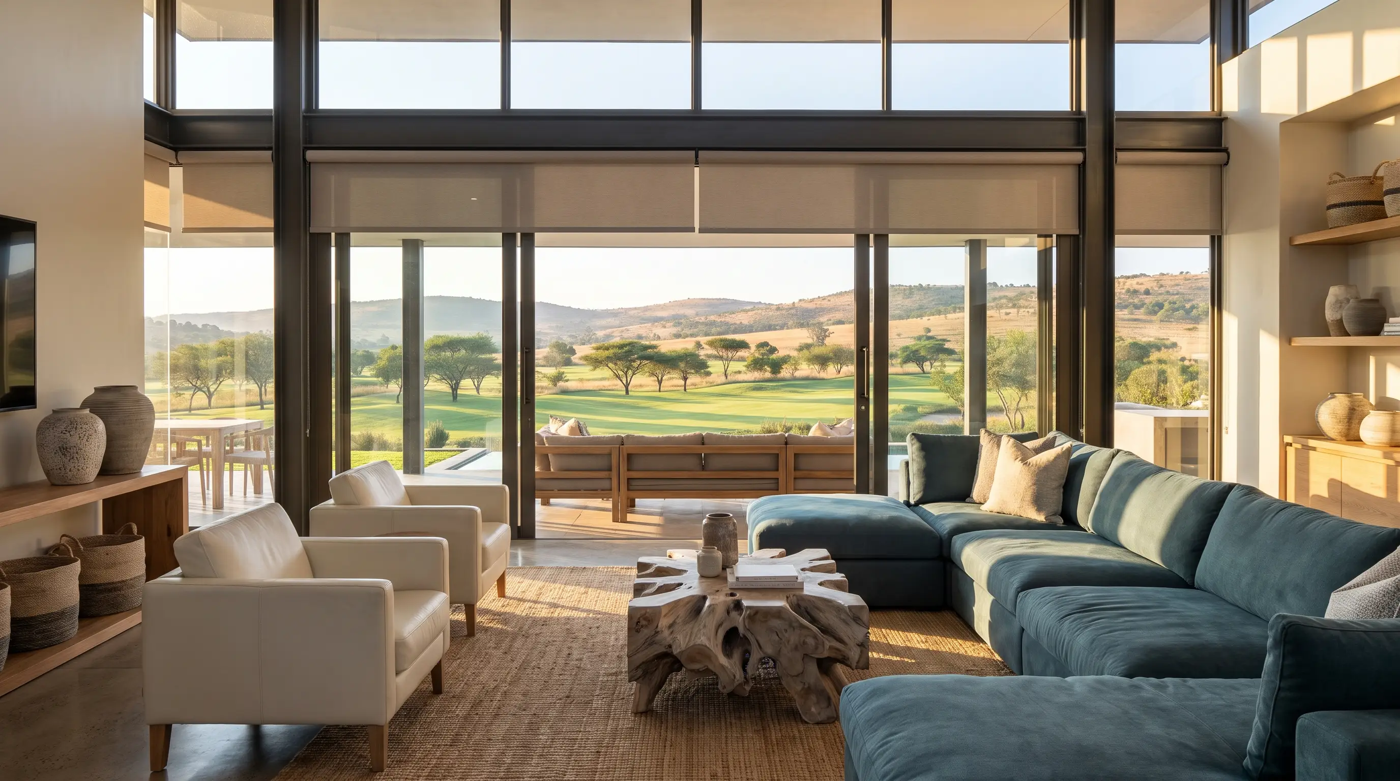 Motorised blinds framing a fairway and golf estate view in Eagle Canyon