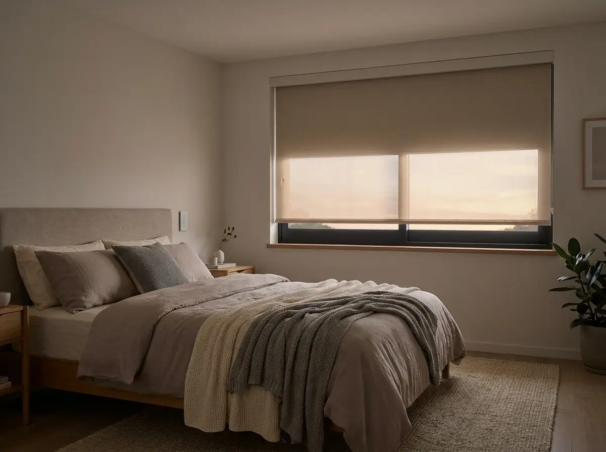 Motorised roller blind lowered halfway in a bedroom, wall-mounted control switch beside the headboard