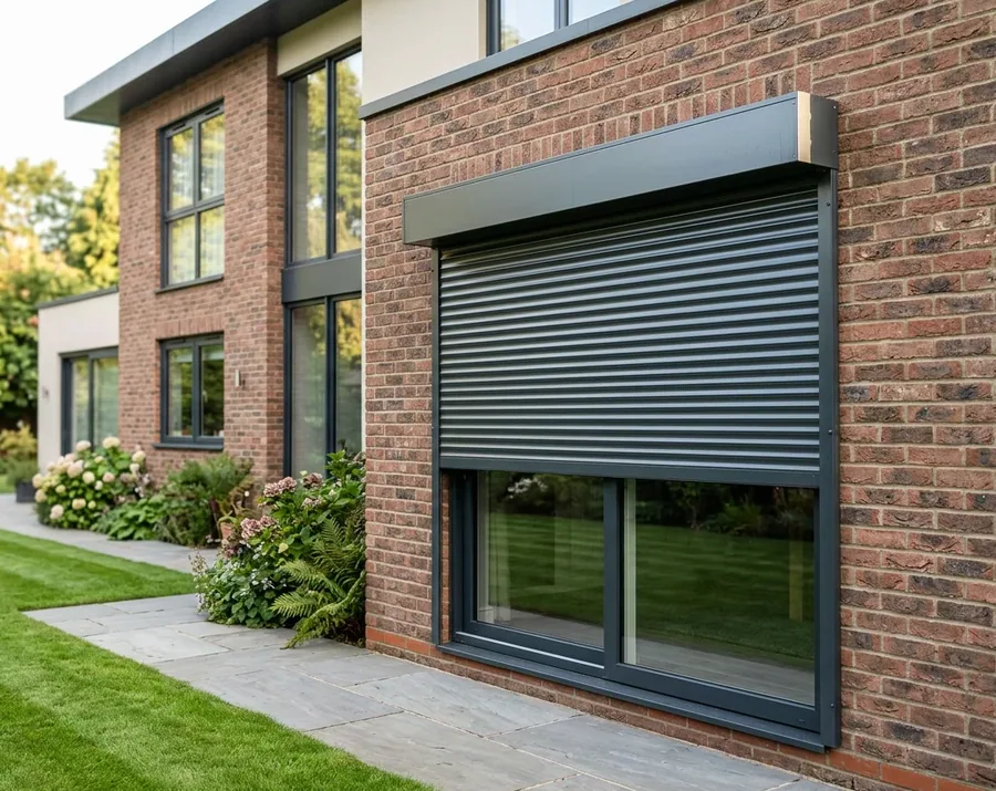 Aluminium roller shutter lowered from its headbox over a ground-floor window