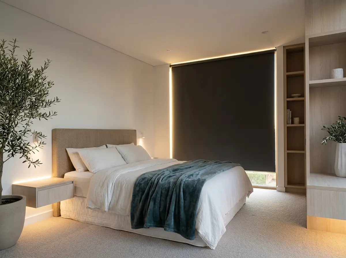 Bedroom with blockout blinds overlooking the Eagle Canyon golf estate