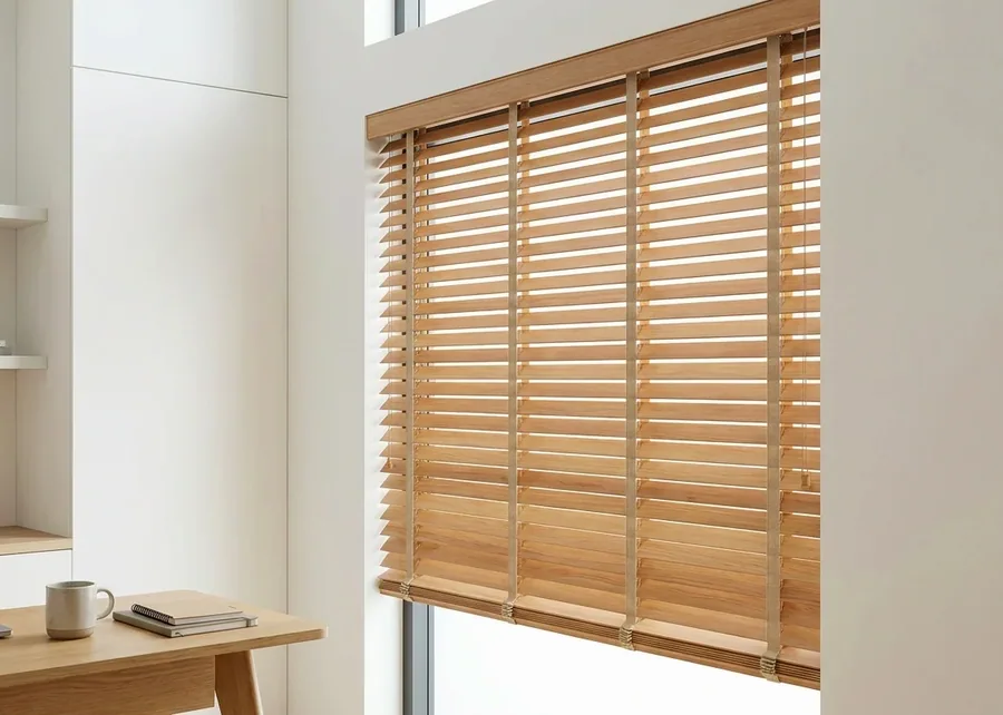 Timber venetian blind with warm wooden slats in a cream-walled room